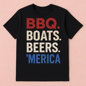 BBQ. Boats. Beers. ’Merica Tee – Funny 4th of July Graphic Shirt